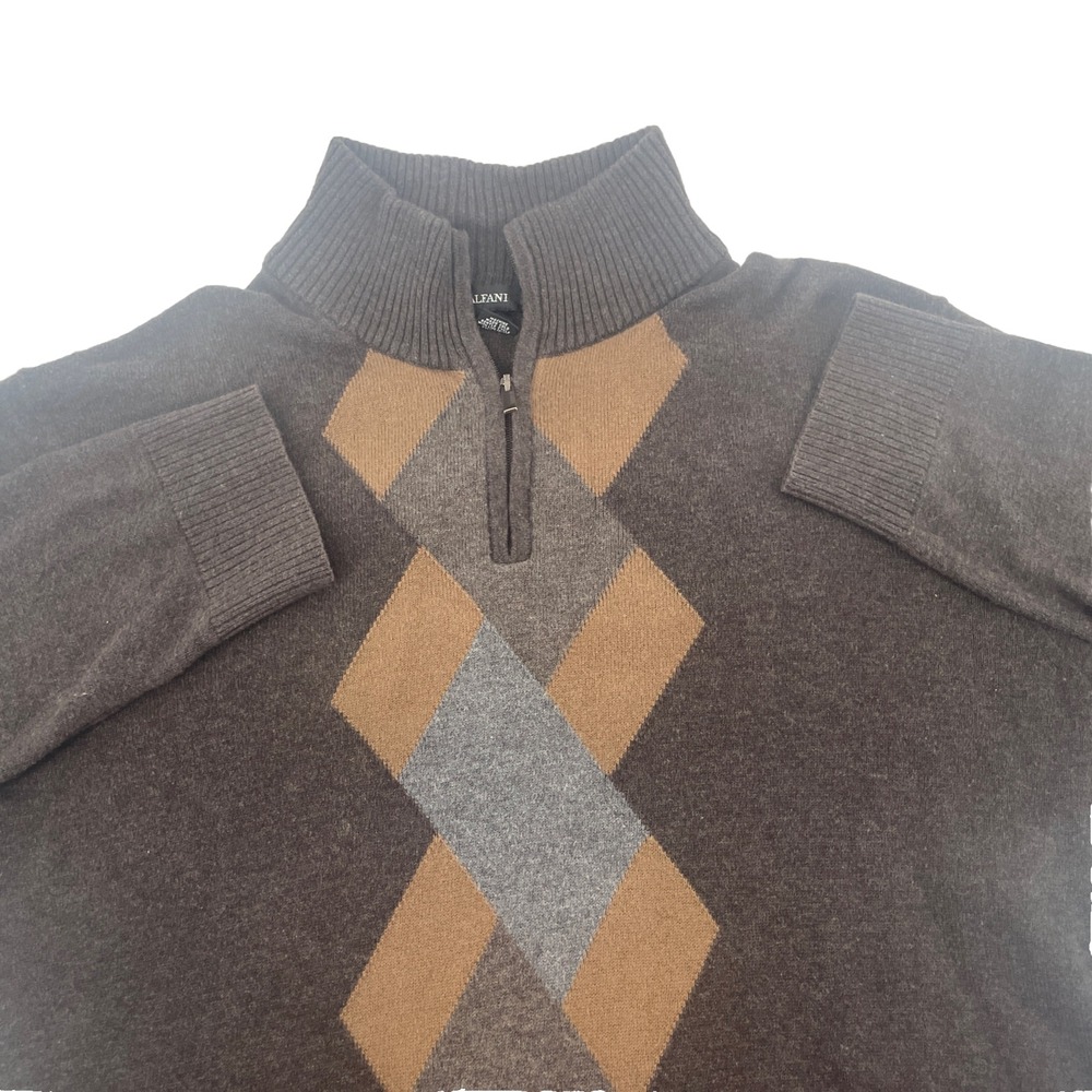 Alfani Sweater Mens Medium Brow Argyle 1/4  Zip 100% Cotton Golf Dad Grandpacore